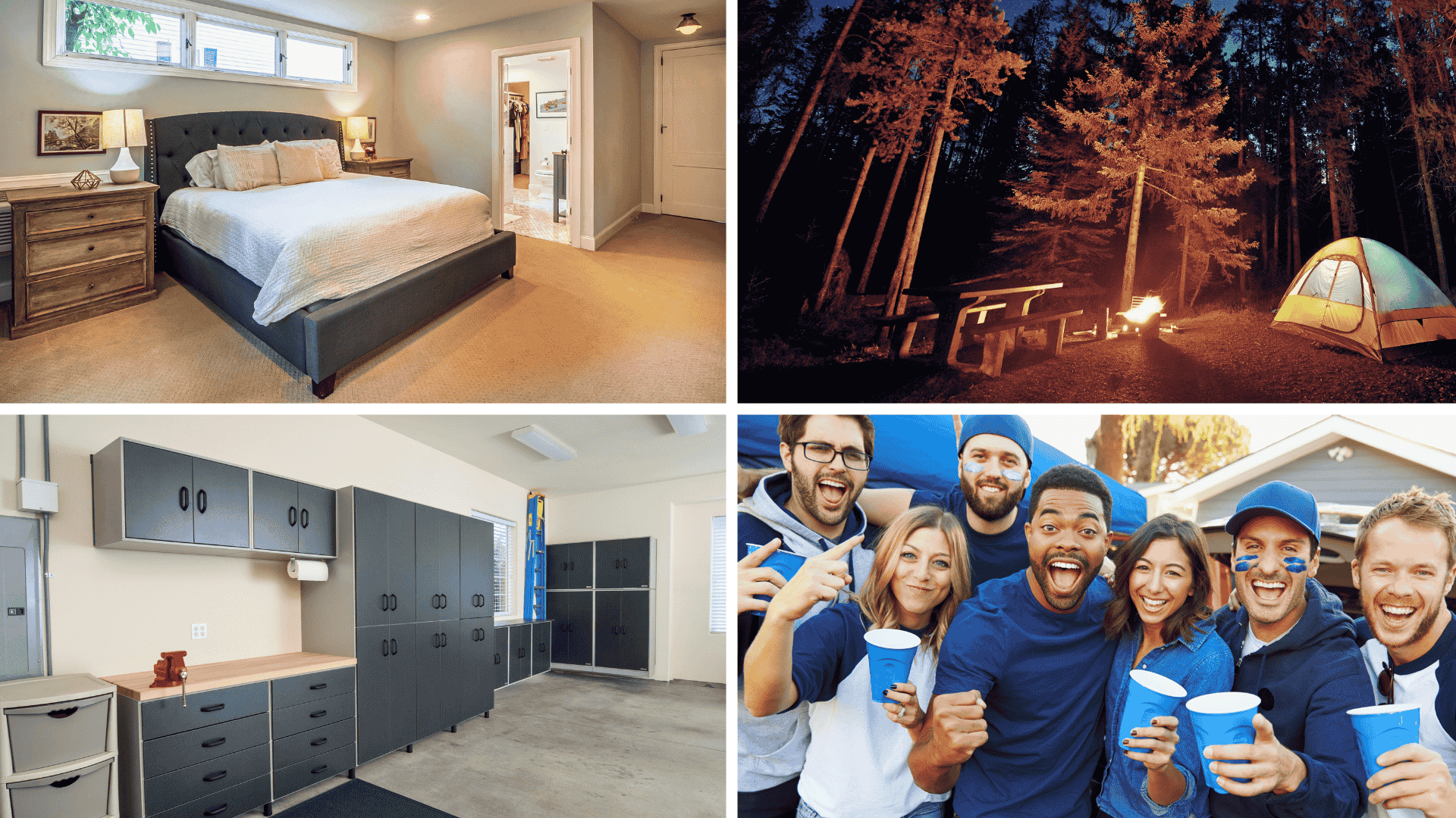 Collage of four images: bedroom, outdoor camping scene, garage, and group of people at an outdoor event.